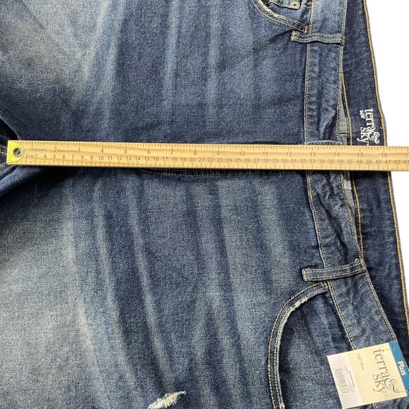 Terra & Sky Size 24W High Rise Dark Wash Frayed Hem Side Slit Denim Jean Shorts - Picture 9 of 10